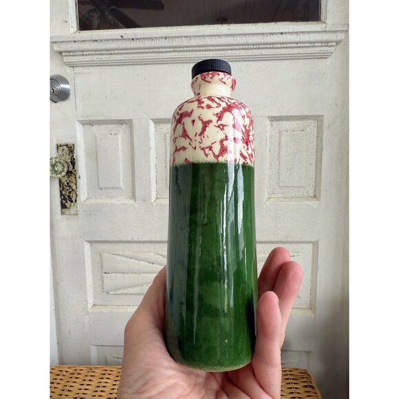 Vintage 30's Spongeware Ceramic Bottle With Cork Stopper Green Red - Picture 8 of 8